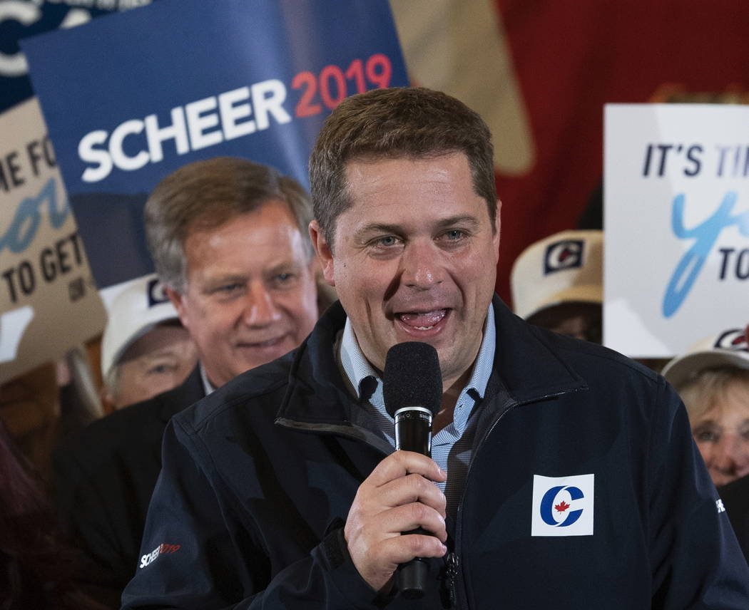 Conservative leader Andrew Scheer speaks during a rally in Winnipeg, Manitoba, Monday, Oct. 14, ...
