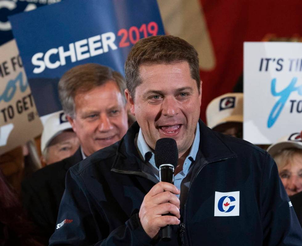 Conservative leader Andrew Scheer speaks during a rally in Winnipeg, Manitoba, Monday, Oct. 14, ...