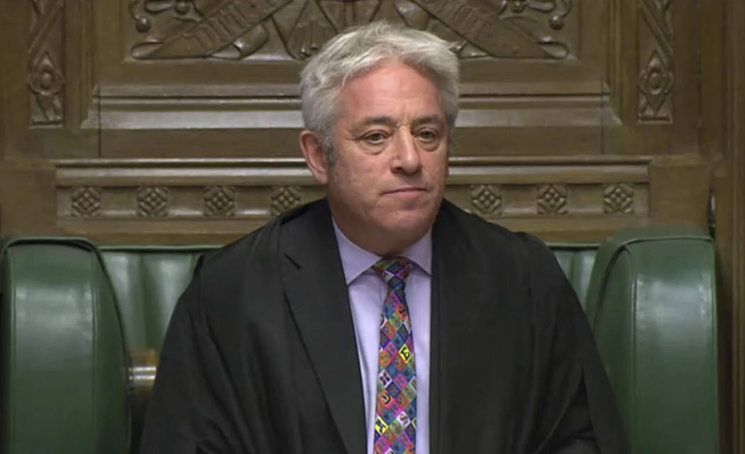 Speaker of Britain's House of Commons John Bercow makes a statement in the House of Commons in ...