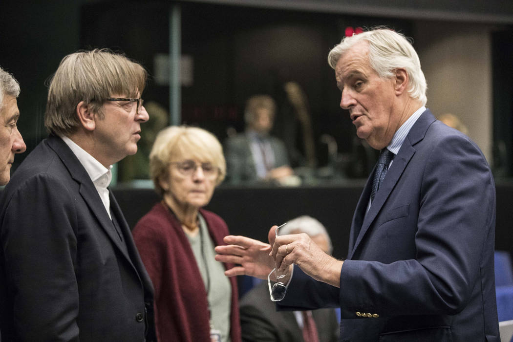 CORRECTING DATE TO MONDAY - Chief Brexit negotiator for the EU Michel Barnier, right, talks wit ...