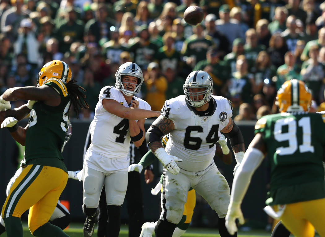Oakland Raiders quarterback Derek Carr (4) throws the football as offensive guard Richie Incogn ...