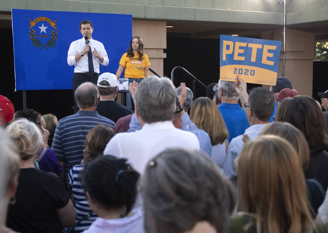 Pete Buttigieg speaks to the crowd at the East Las Vegas Community Center on Tuesday, Oct. 22, ...