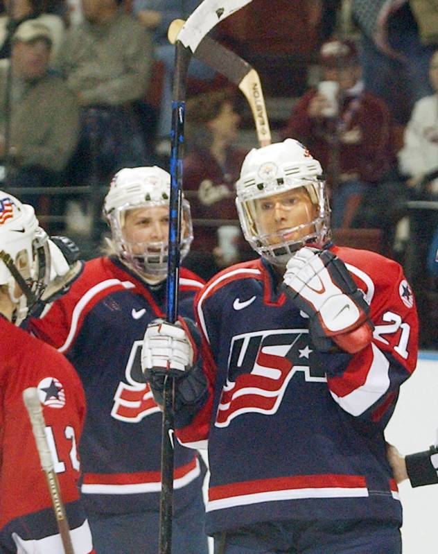 United States' Cammi Granato (21) celebrates after scoring in the first period against Sweden ...