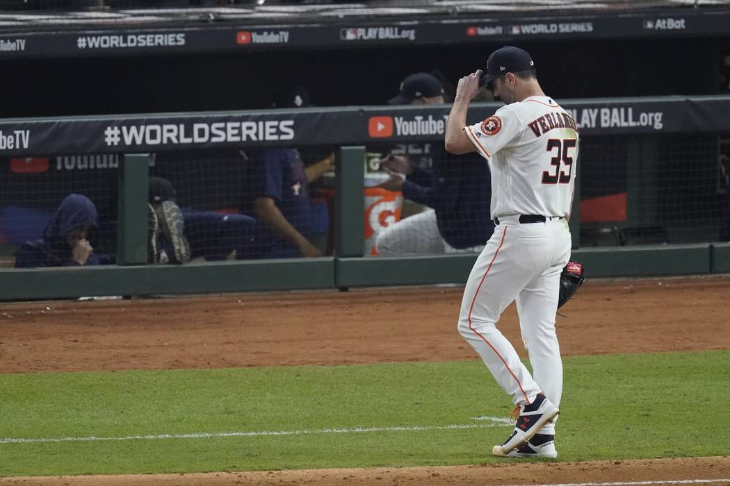 Houston Astros' Justin Verlander is taken out of the game during the seventh inning of Game 2 o ...
