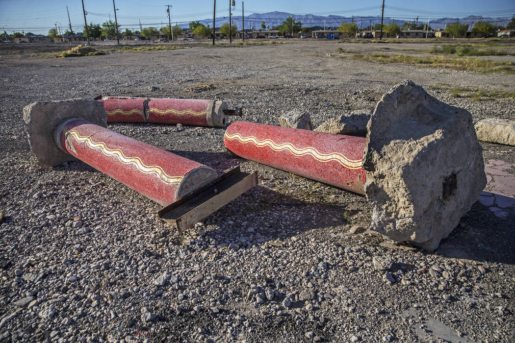 A trio of red mosaic columns are among the few relics left of the Moulin Rouge on Friday, April ...