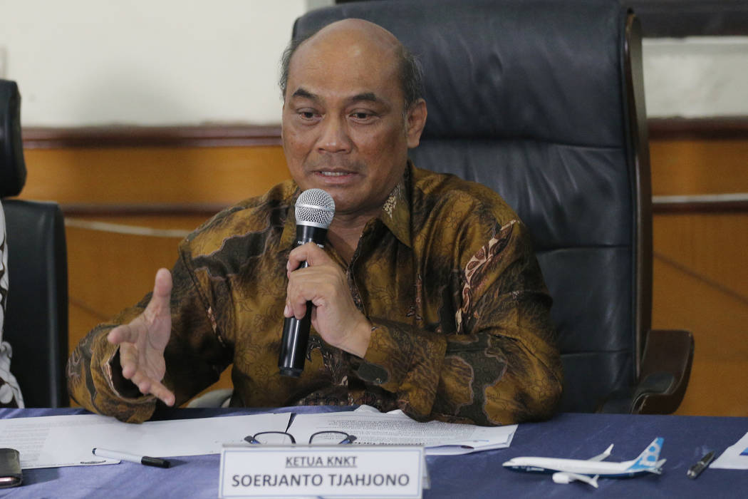 Chairman of the National Transportation Safety Committee Soerjanto Tjahjono talks to media duri ...