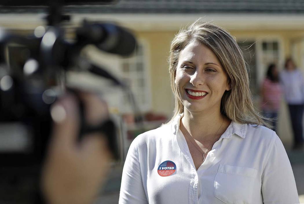 In this Nov. 6, 2018 file photo, Katie Hill, then a Democratic Party candidate from California' ...