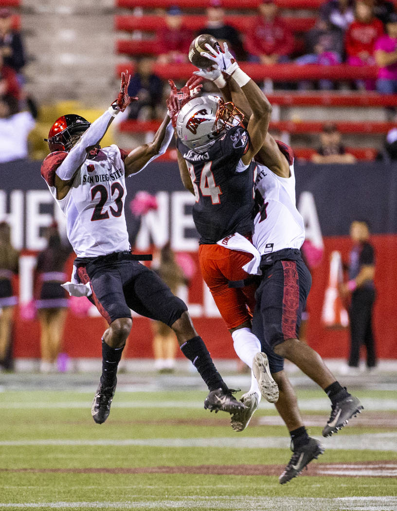 UNLV Rebels wide receiver Steve Jenkins (84) fights to secure a pass between San Diego State Az ...