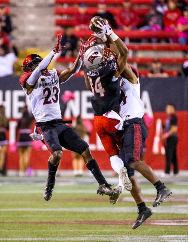 UNLV Rebels wide receiver Steve Jenkins (84) fights to secure a pass between San Diego State Az ...