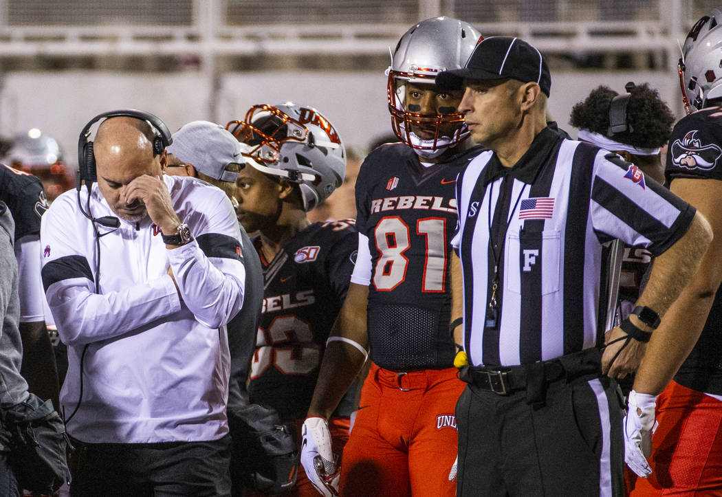 UNLV Rebels head coach Tony Sanchez is dismayed on the sidelines against the San Diego State Az ...