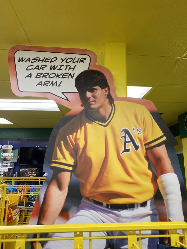 A cutout of Jose Canseco from early in his career with the Oakland Athletics is shown Saturday, ...