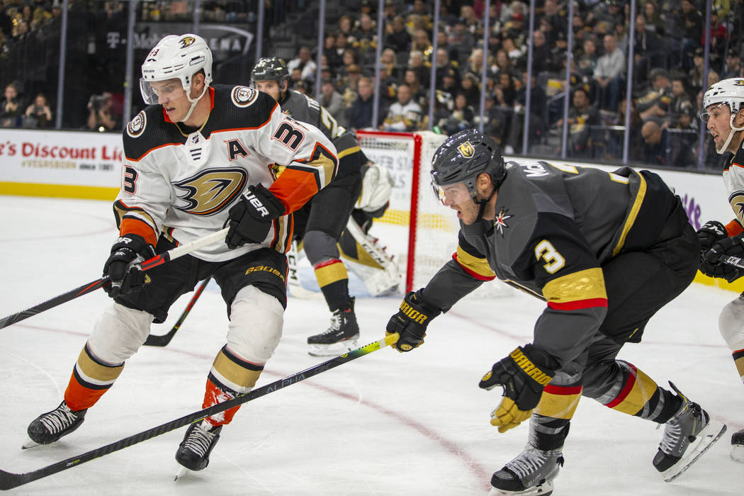 Anaheim Ducks right wing Jakob Silfverberg (33) and Vegas Golden Knights defenseman Brayden McN ...