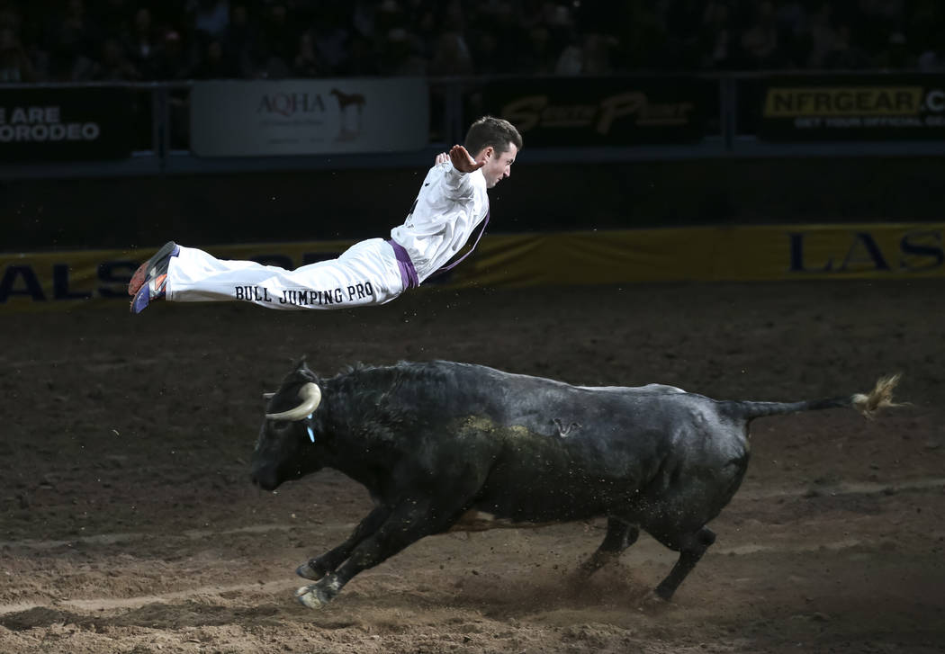 Bull Jumping Pro Emmanuel Lataste leaps over a running bull during a performance on the third g ...