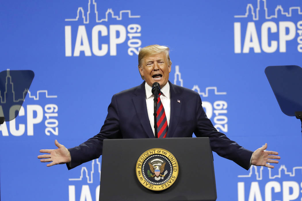 President Donald Trump speaks at the International Association of Chiefs of Police Convention M ...