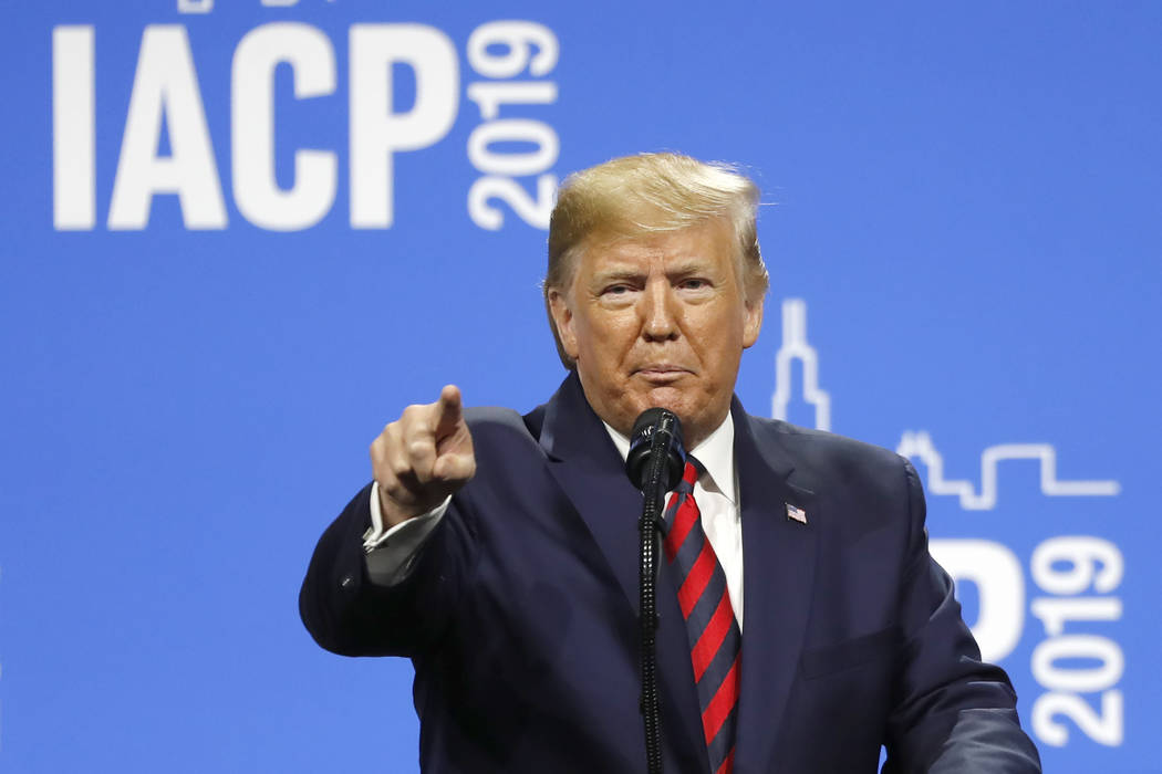 President Donald Trump speaks at the International Association of Chiefs of Police Convention M ...