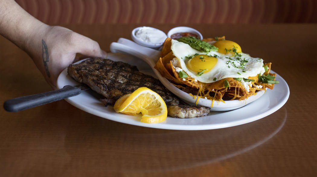 The spice ribeye steak chilaquiles boasts a full steak alongside eggs-any-way over chilaquiles ...