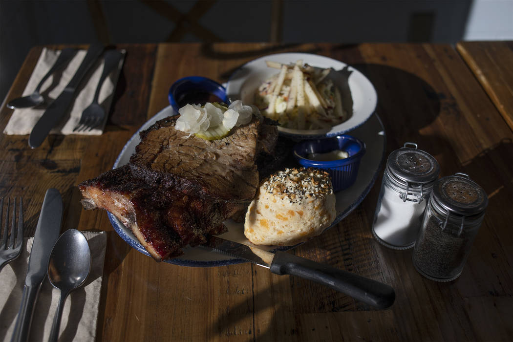 A barbecue plate of housed-smoked ribs and brisket at Mama Bird on Friday, Oct. 25, 2019, at So ...