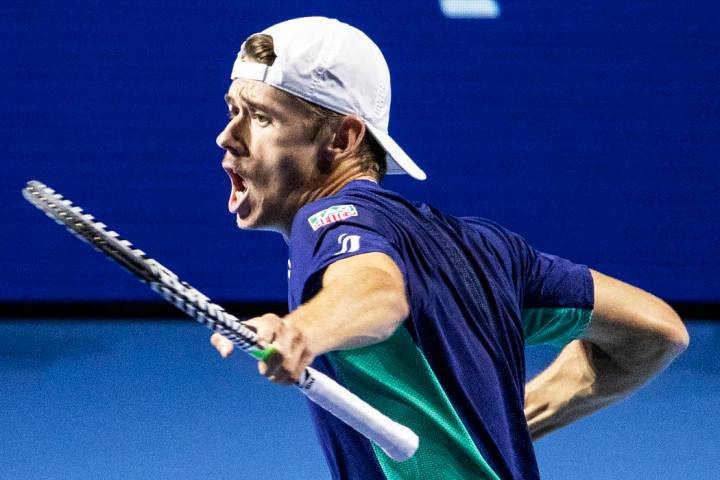 Alex De Minaur of Australia reacts during the semifinal match against Reilly Opelka of the Unit ...