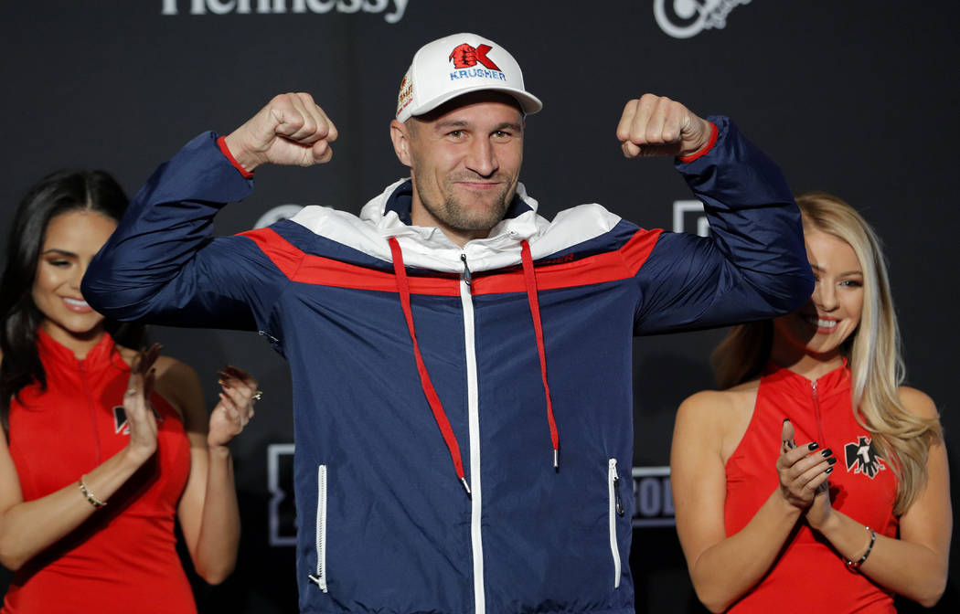 Sergey Kovalev poses for photographers during a ceremonial arrival for an upcoming boxing match ...