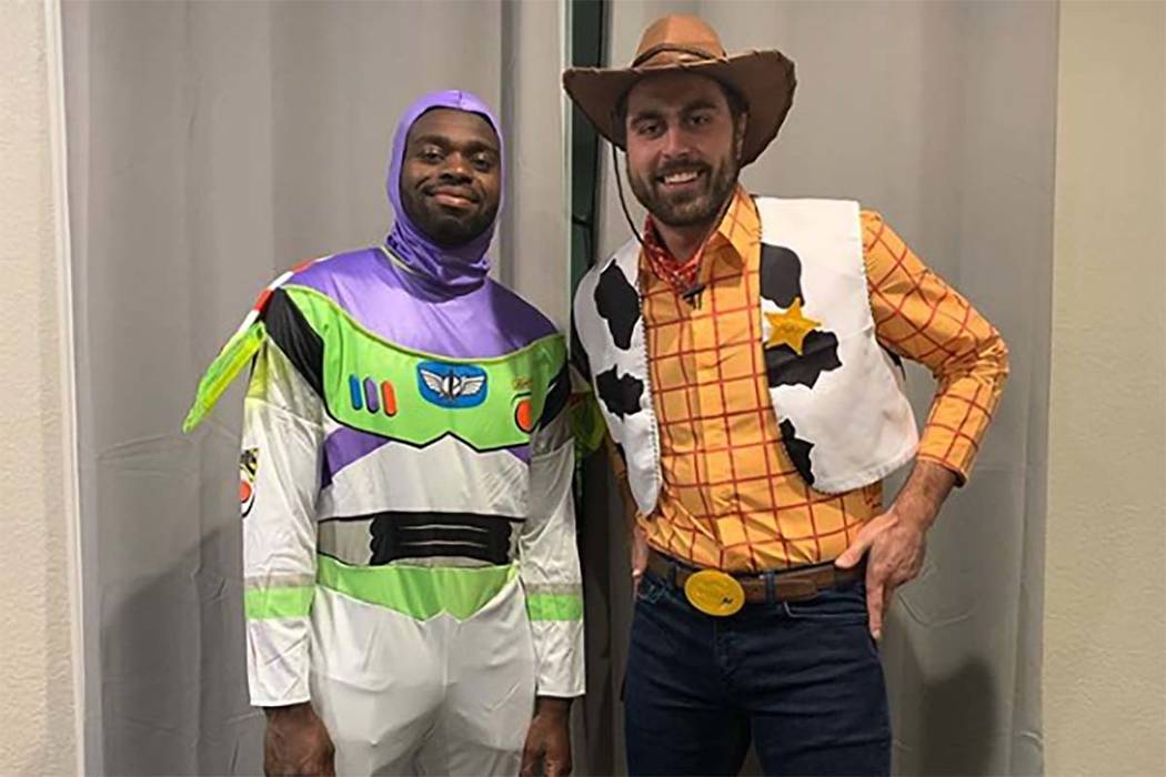 Golden Knights Malcolm Subban, left, and Alex Tuch were Buzz Lightyear and Woody from "Toy Stor ...