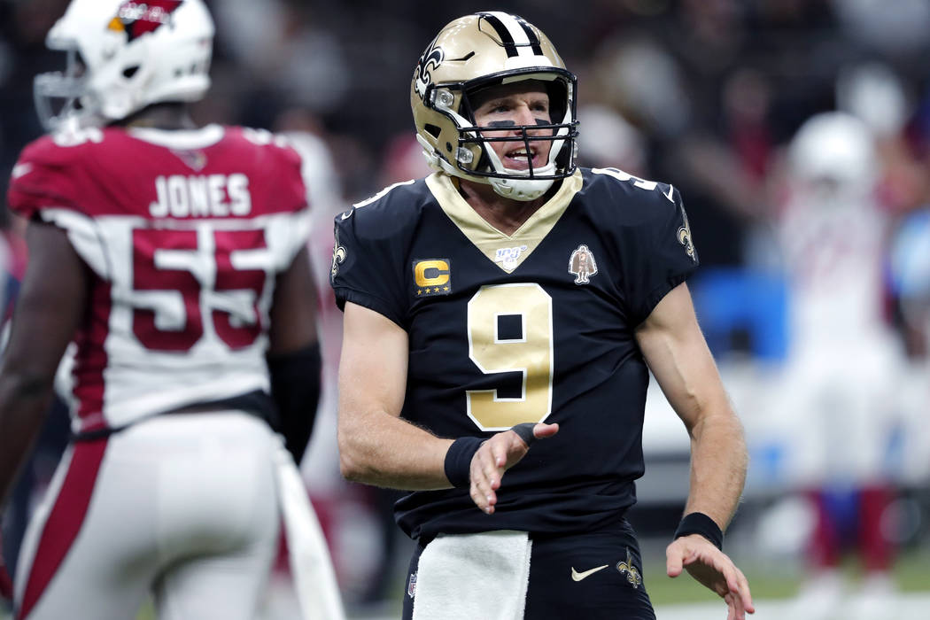 New Orleans Saints quarterback Drew Brees (9) reacts in the first half of an NFL football game ...