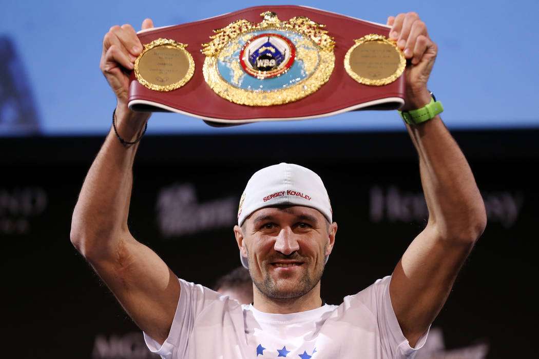 Sergey Kovalev poses during a press conference for his upcoming boxing bout at the MGM Grand ca ...