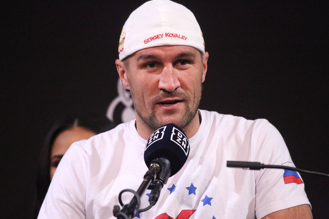 Sergey Kovalev speaks during a press conference for his upcoming boxing bout at the MGM Grand c ...