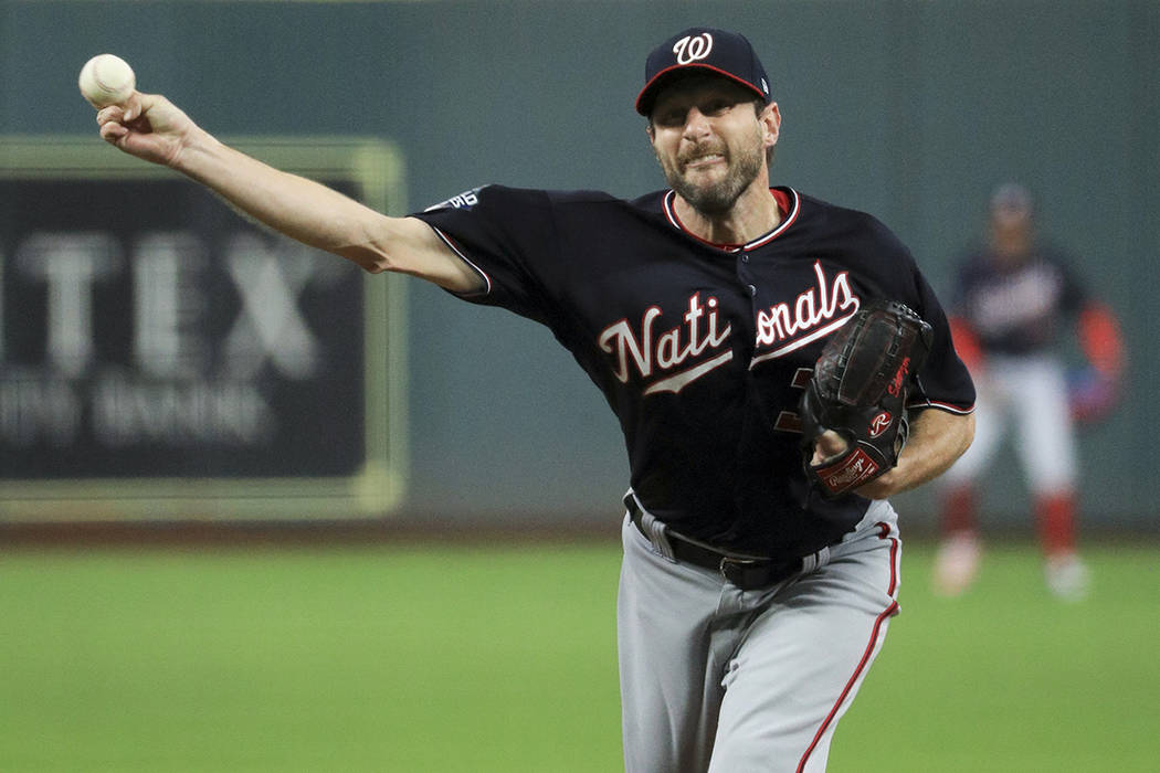 Washington Nationals starting pitcher Max Scherzer throws against the Houston Astros during the ...