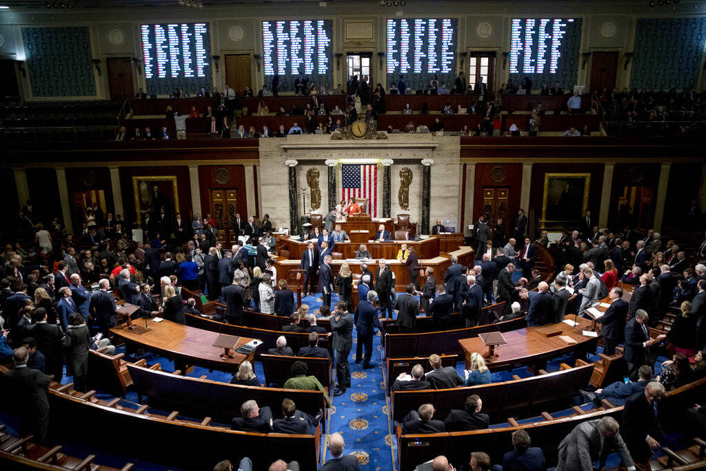 Vote Tallies are displayed as House members vote on a resolution on impeachment procedure to mo ...