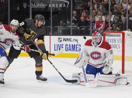 Vegas Golden Knights left wing Tomas Nosek (92) shoots on Montreal Canadiens goaltender Keith K ...