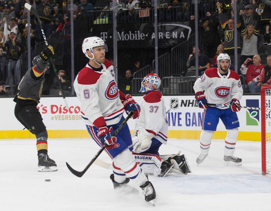 Montreal Canadiens goaltender Keith Kinkaid (37) gives up a first period goal to Vegas Golden ...