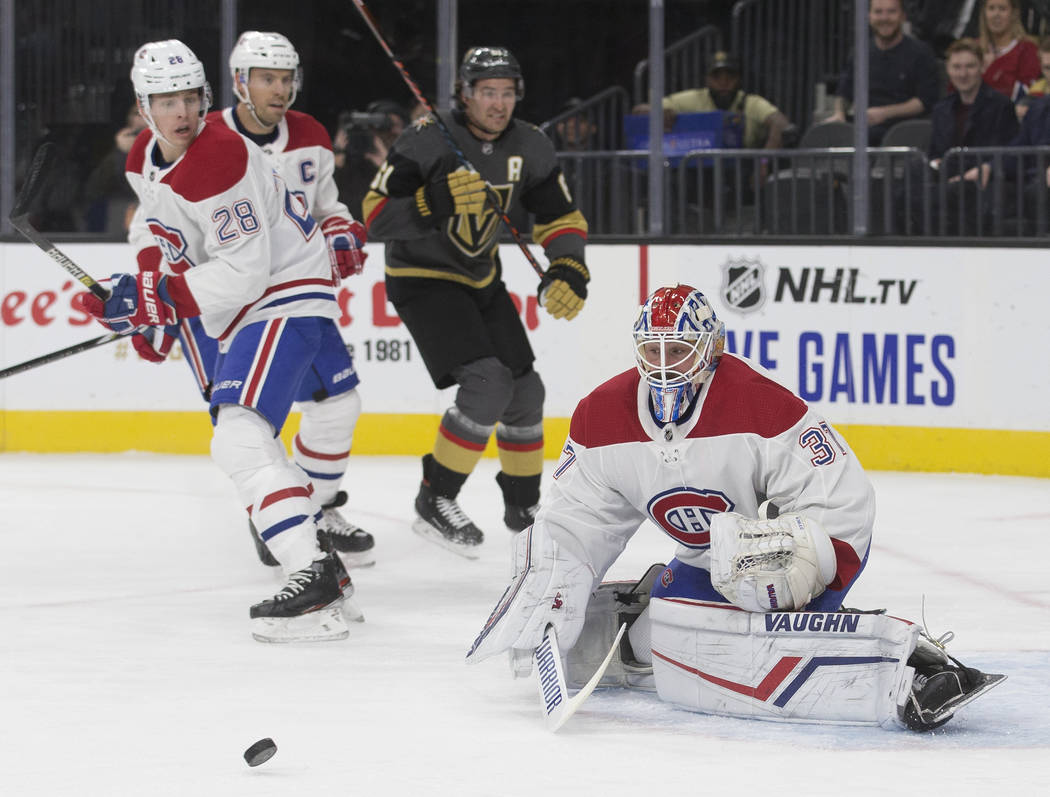 Montreal Canadiens goaltender Keith Kinkaid (37) makes a save against Vegas Golden Knights righ ...