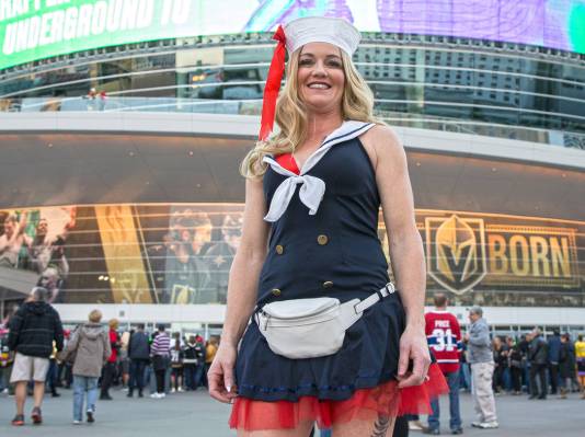 Kaeti Bahm in her Halloween outfit outside T-Mobile Arena before the start of the Golden Knight ...