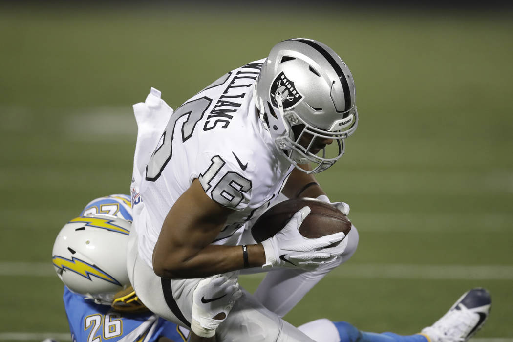Oakland Raiders wide receiver Tyrell Williams (16) catches a pass against Los Angeles Chargers ...