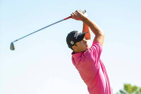 UNLV junior Jack Trent follows through on his shot from the fourth tee in the fourth round of t ...