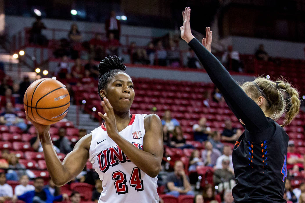 UNLV center Rodjanae Wade, left, shown last season, had 13 points and 14 rebounds in the Lady R ...