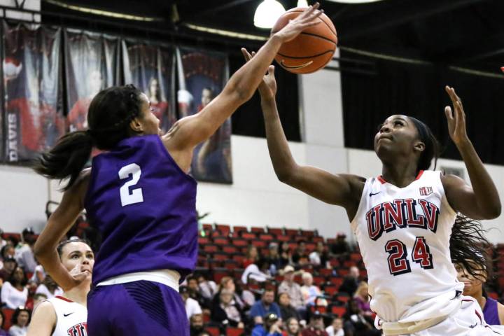 UNLV center Rodjanae Wade, right, shown in 2017, had 15 points and 10 rebounds Saturday in the ...