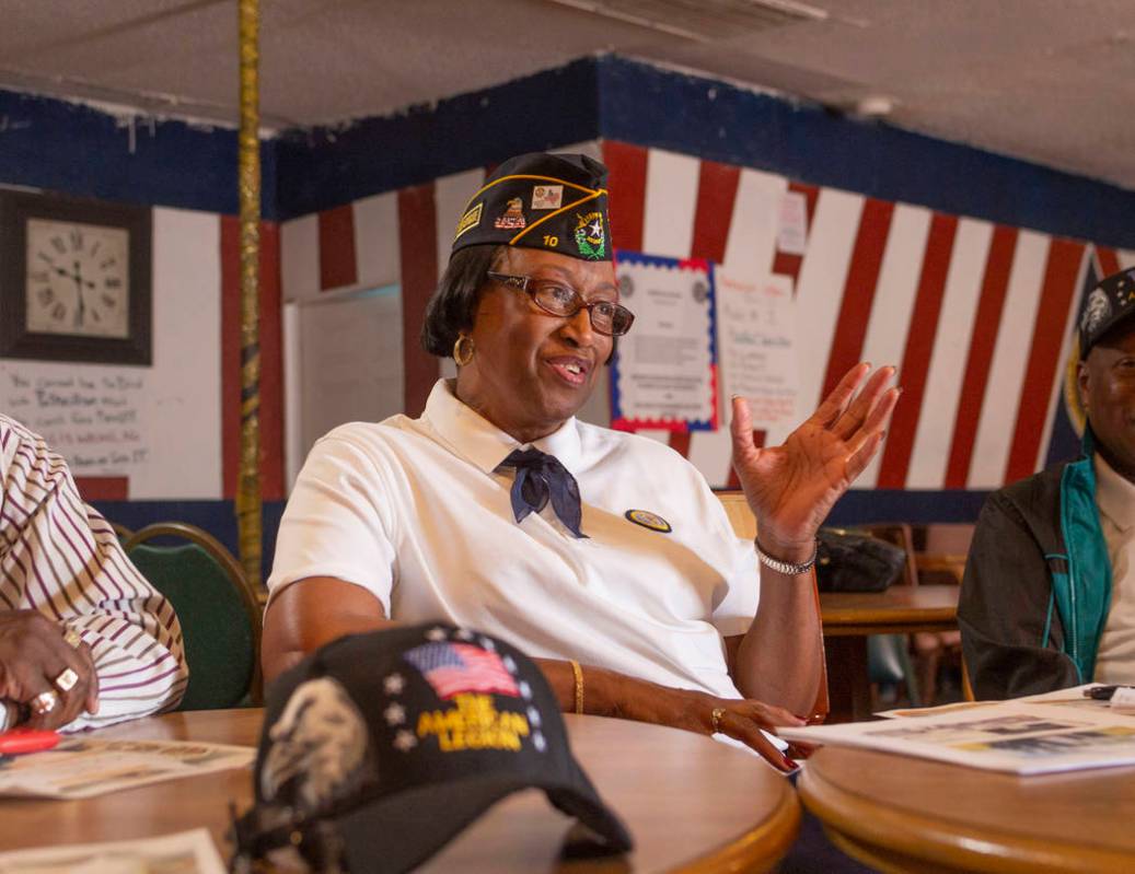 Army veteran and Post 10 Judge advocate Patricia Williams speaks during a meeting at American L ...