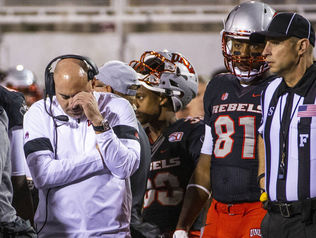 UNLV Rebels head coach Tony Sanchez is dismayed on the sidelines against the San Diego State Az ...