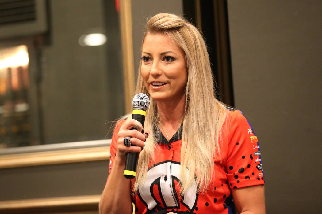 Driver Leah Pritchett participate speaks during a press conference for the Dodge NHRA Nationals ...