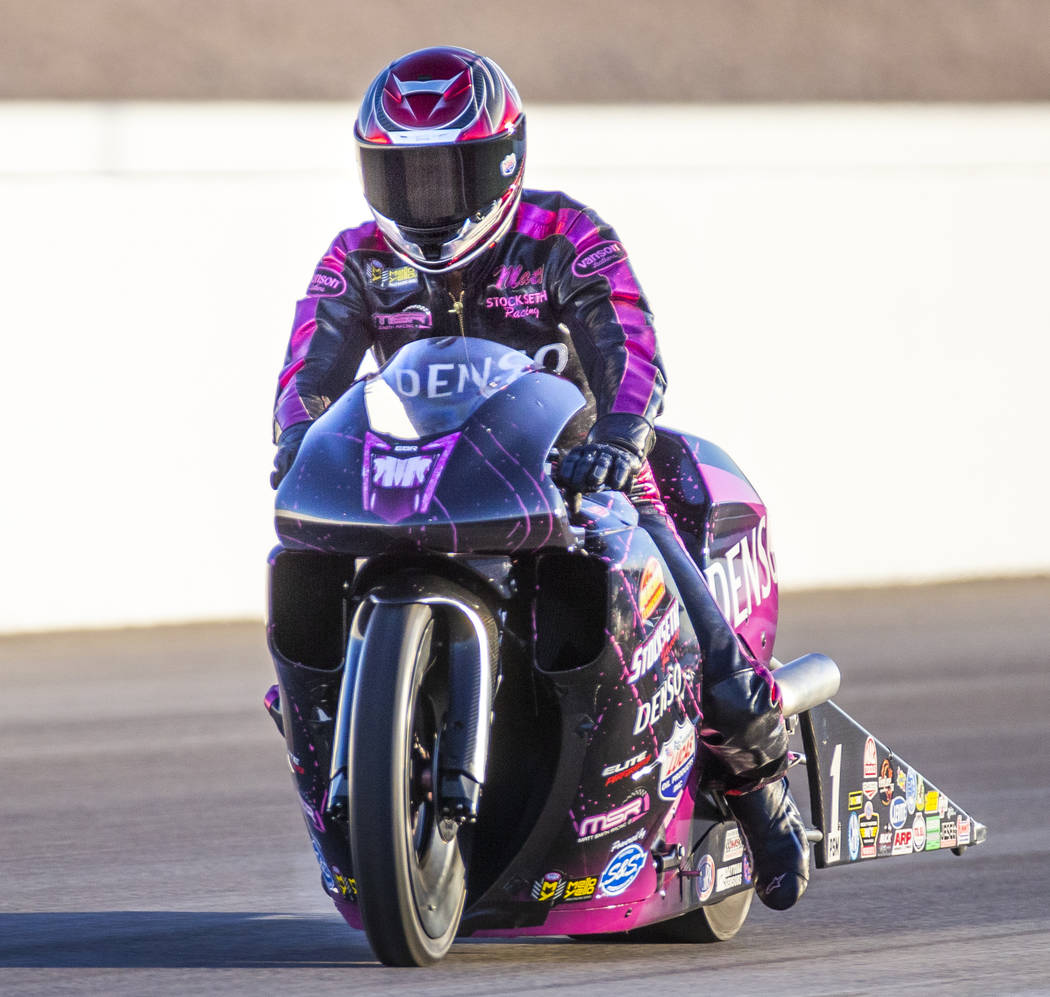 Pro Stock Motorcycle racer Matt Smith wins the final round of the Dodge NHRA Nationals at the L ...