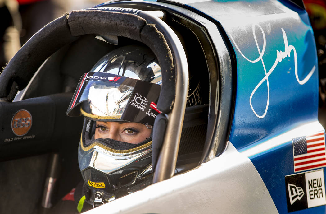 Top fuel racer Leah Pritchett awaits her match up during the second round of the Dodge NHRA Nat ...