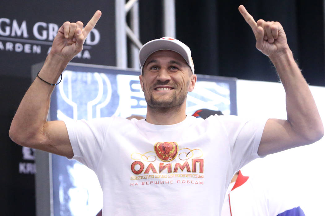Sergey Kovalev poses during a weigh-in event at the MGM Grand Garden Arena in Las Vegas, Friday ...