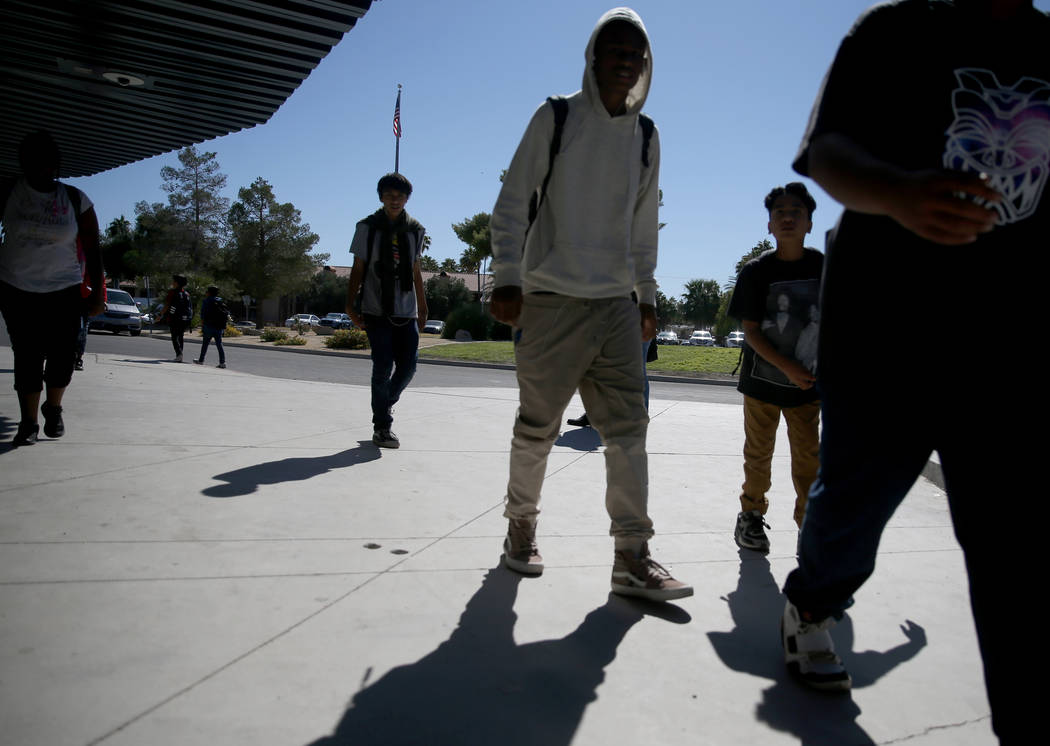 Students walk back to class after lunch at Orr Middle School in Las Vegas Monday, Oct. 21, 2019 ...
