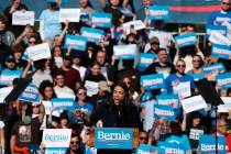 Rep. Alexandria Ocasio-Cortez, D-N.Y., speaks during a campaign rally for Democratic presidenti ...
