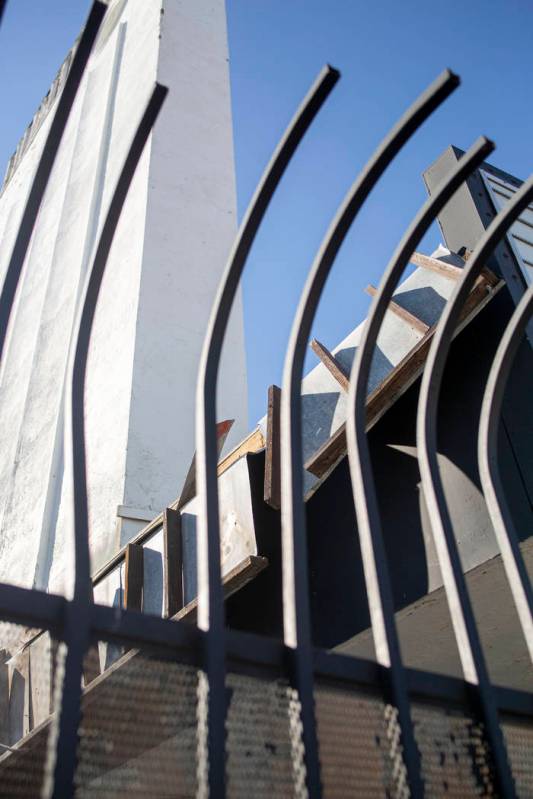 A metal gate blocks the entrance to the historic Huntridge Theater on Thursday, Oct. 31, 2019, ...