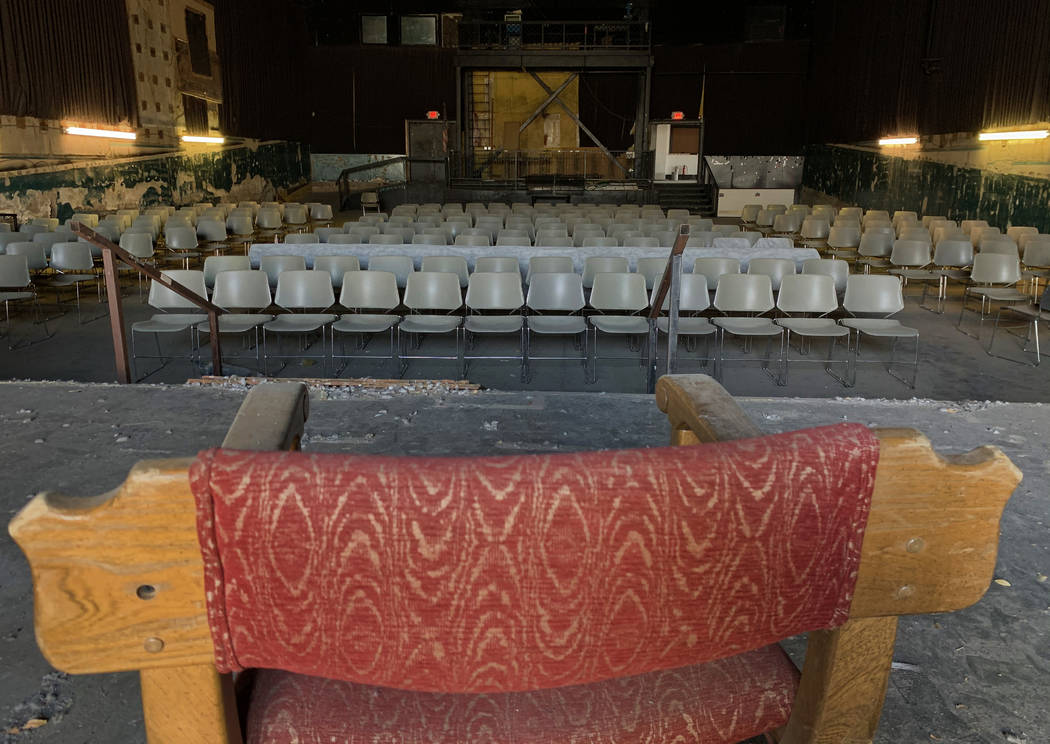 A chair sits on the stage facing the seating area inside the historic Huntridge Theater on Thur ...