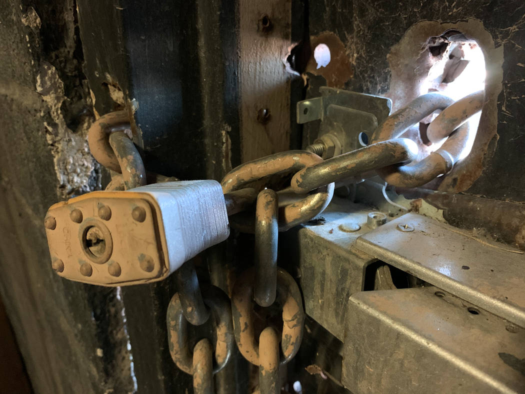 A locked exit door inside the historic Huntridge Theater photographed on Thursday, Oct. 31, 201 ...