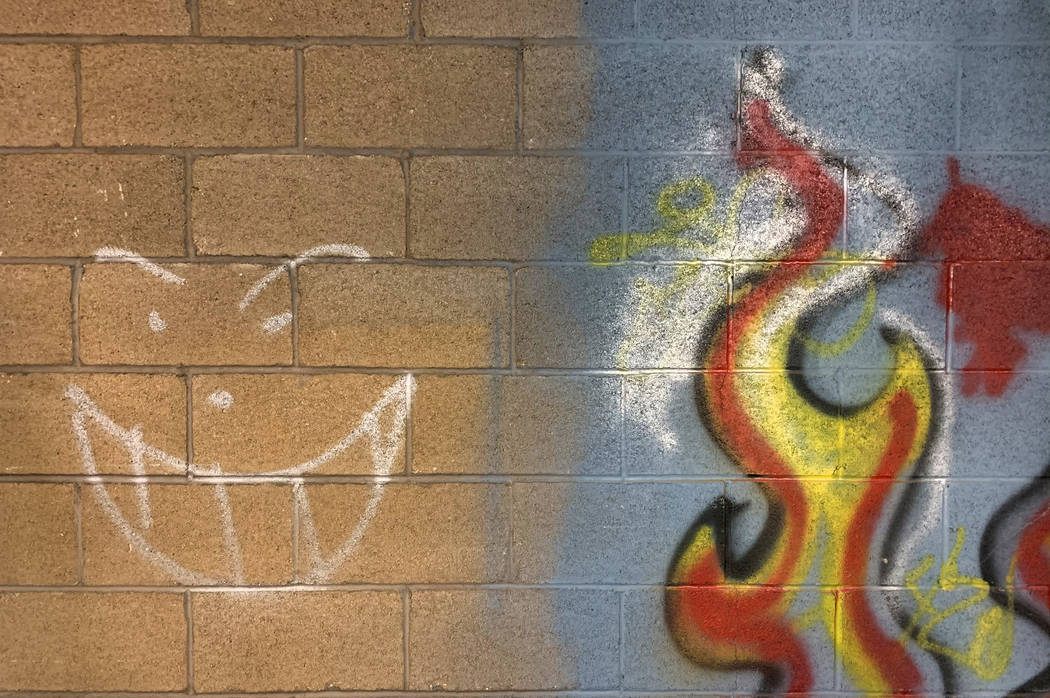 Graffiti adorns a cinder block wall inside the historic Huntridge Theater photographed on Thurs ...