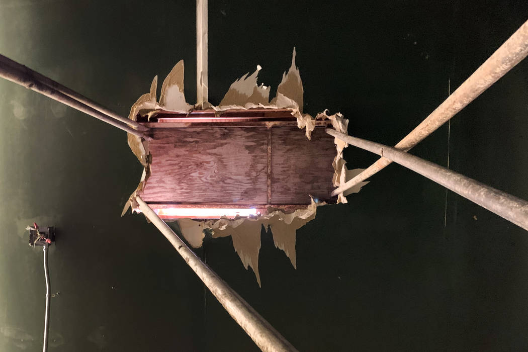 A hole in the roof inside the historic Huntridge Theater photographed on Thursday, Oct. 31, 201 ...